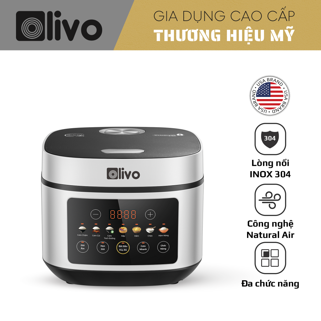 Nồi Cơm Điện OLIVO RC88 – Lòng Nồi INOX 304 Chống Dính Tự Nhiên, Bảng Điều Khiển OLED Sống Động, Nấu Cơm Ngon, Thiết Kế Sang Trọng

